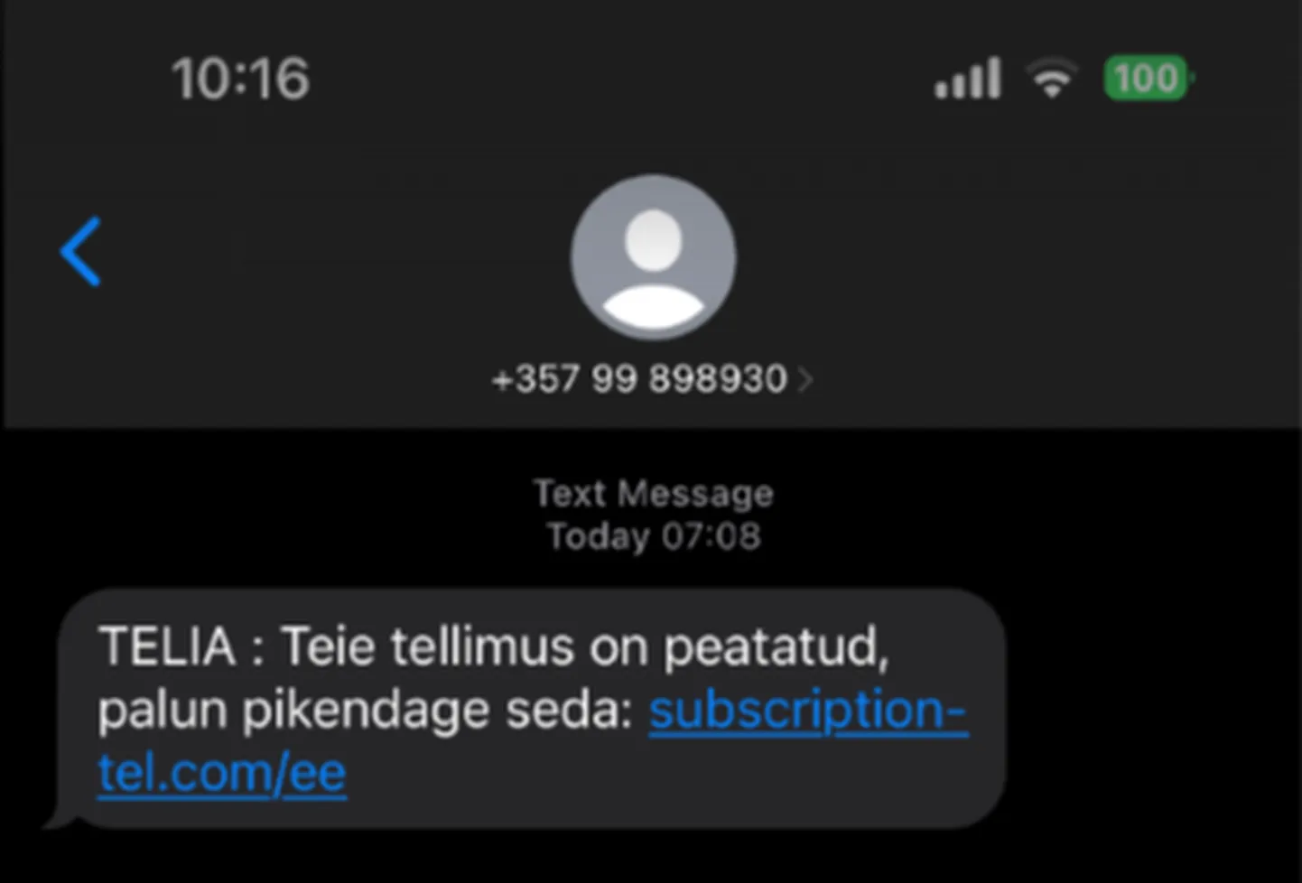 Selline näeb välja Telia nimel saadetud SMS, mille saatjaks ei ole Telia Eesti AS