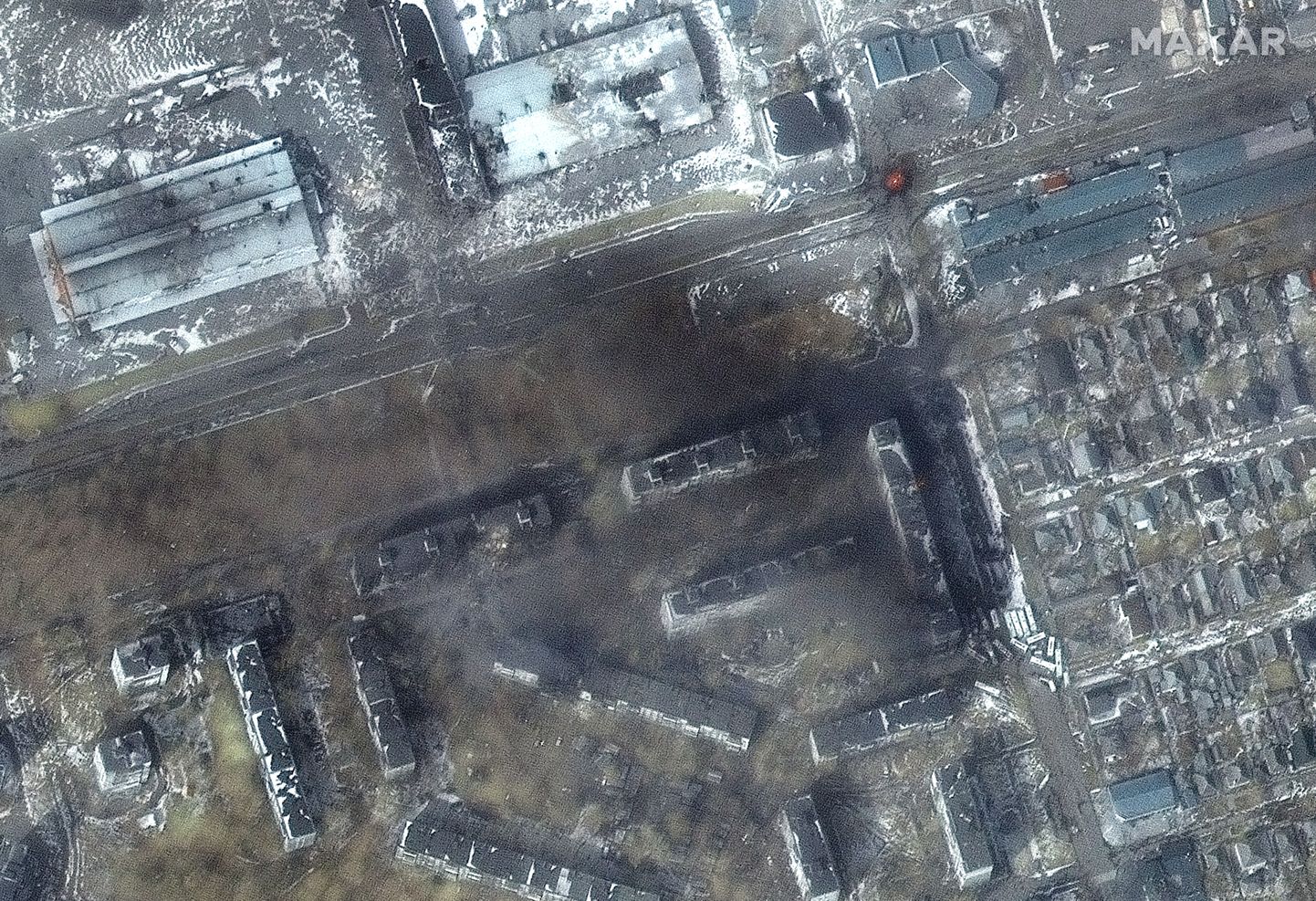 Maxar Technologiese 12. märtsi satelliidifoto Ukrainas Mariupolis Venemaa rünnakus kannatada saanud elumajadest