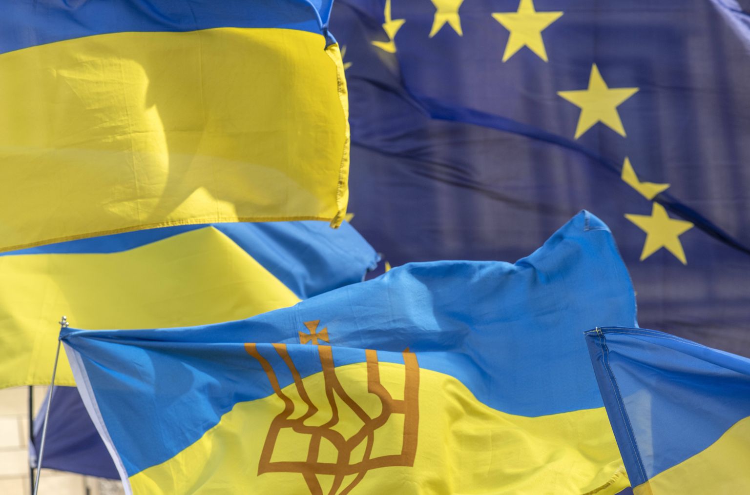 Ukraina ja Euroopa Liidu lipp aprillis 2022 Saksamaal Münchenis Ukraina toetuseks korraldatud meeleavaldusel.