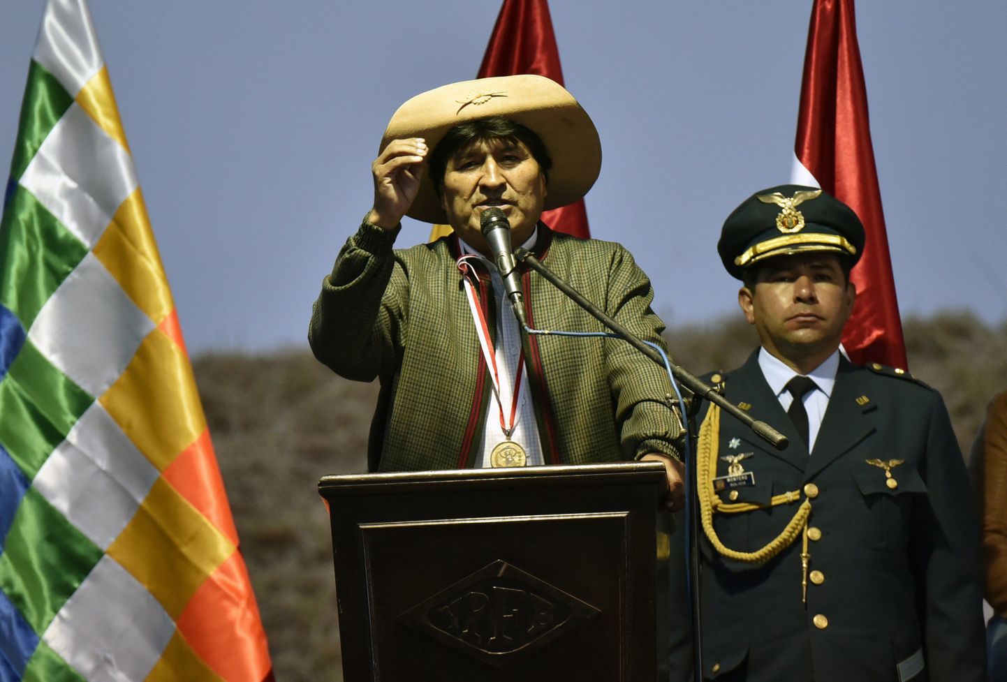 Bolivian President Evo Morales Ayma delivers a speech during the inauguration of a plant which separates liquid from gas in Yacuiba, Bolivia, on August 24, 2015. The plant will provide gas to Paraguay and Peru.  AFP PHOTO / Aizar Raldes