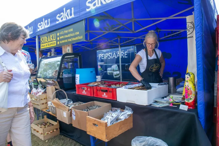 Siiraku talu perenaine Jana Lebedeva pakkus Kalevipoja kala- ja veefestivalil peale suitsurääbise ka kuivatatud Peipsi tinti, särge ning suitsulatikat.