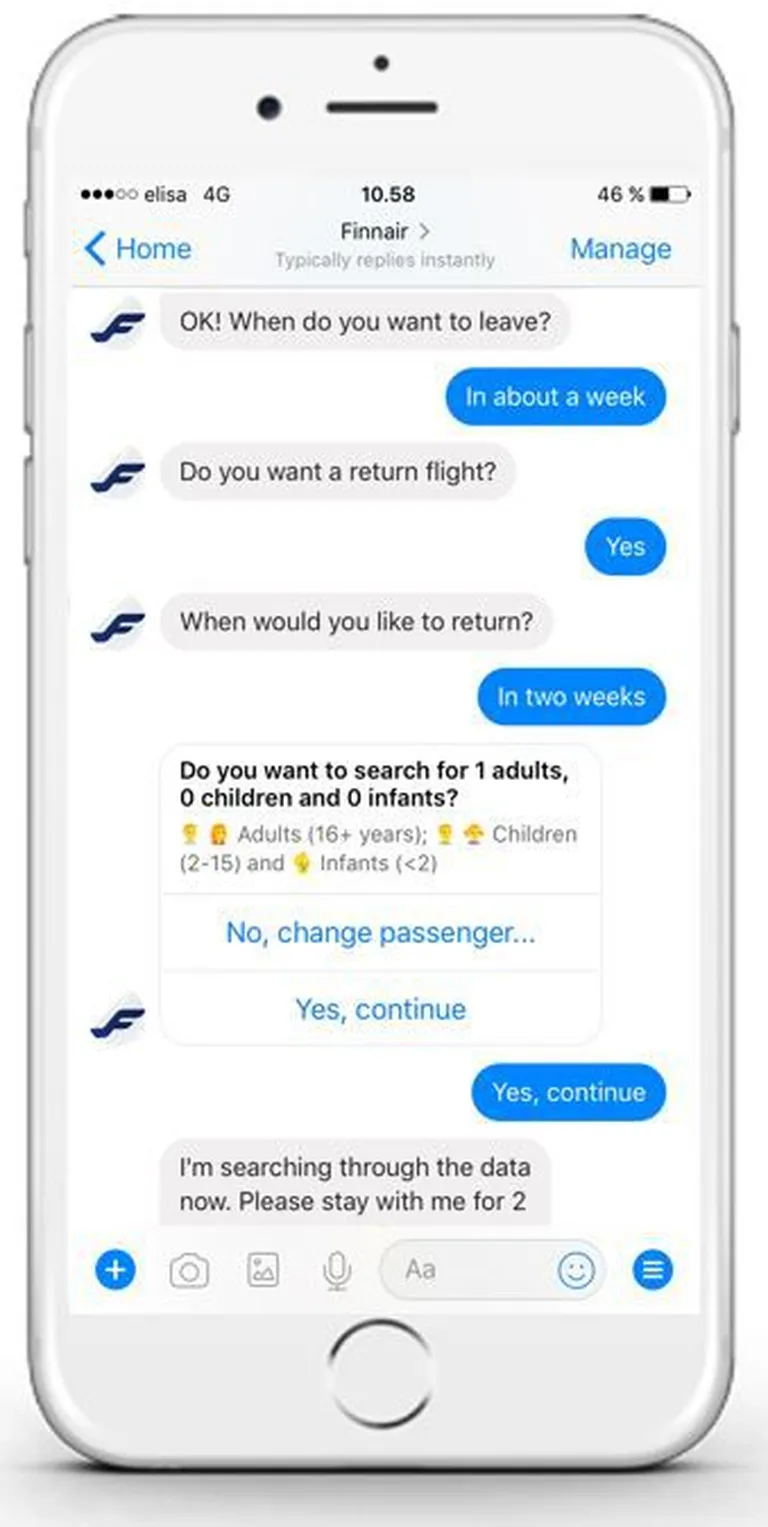 Vestlus Finnairi juturobotiga Facebookis. Foto: kuvatõmmis