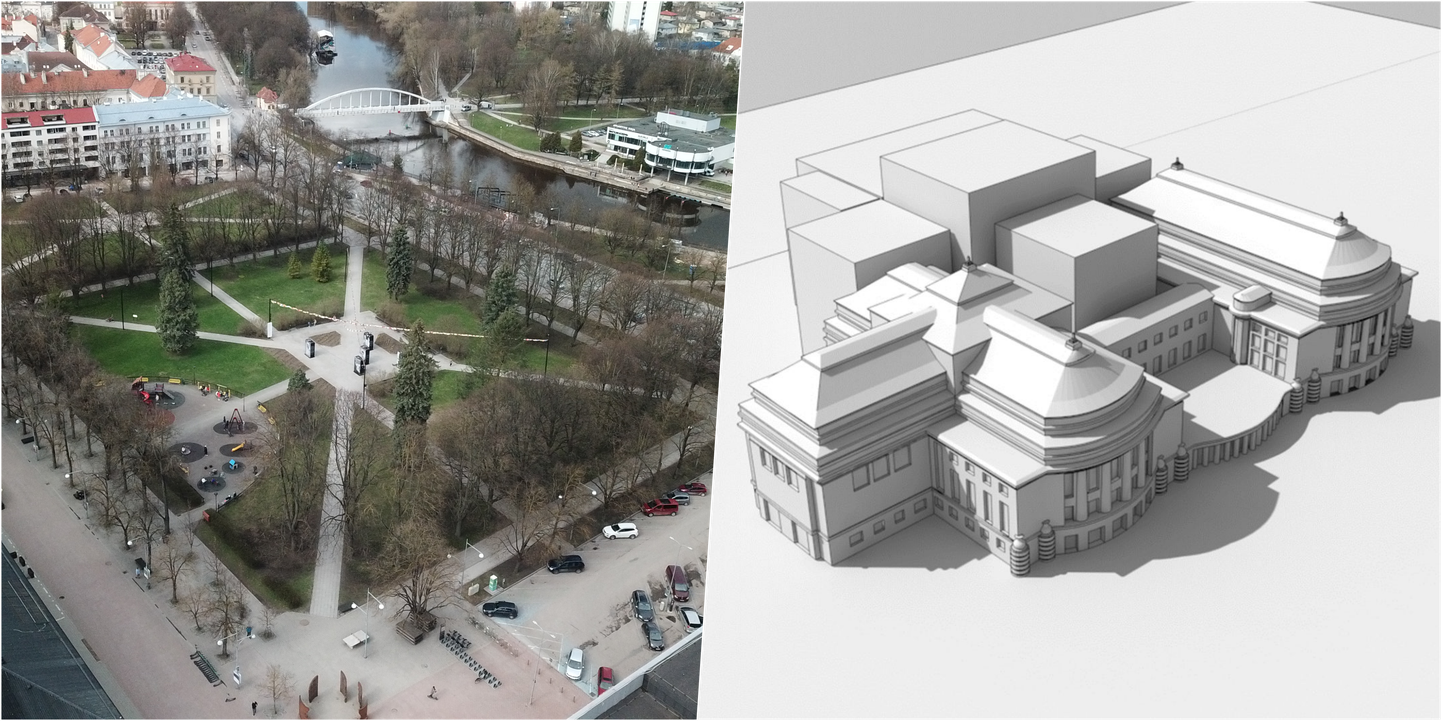 Tartu südalinna kultuurikeskus peaks kerkima keskpargi alale (vasakul) ja Estonia juurdeehitis vana teatrimaja taha (paremal).