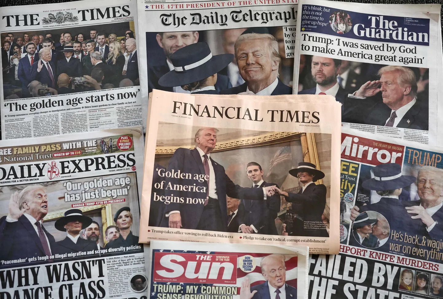 Briti väljaannete esiküljed päev pärast USA presidendi Donald Trumpi ametisse vannutamist 21. jaanuaril 2025. aastal.
