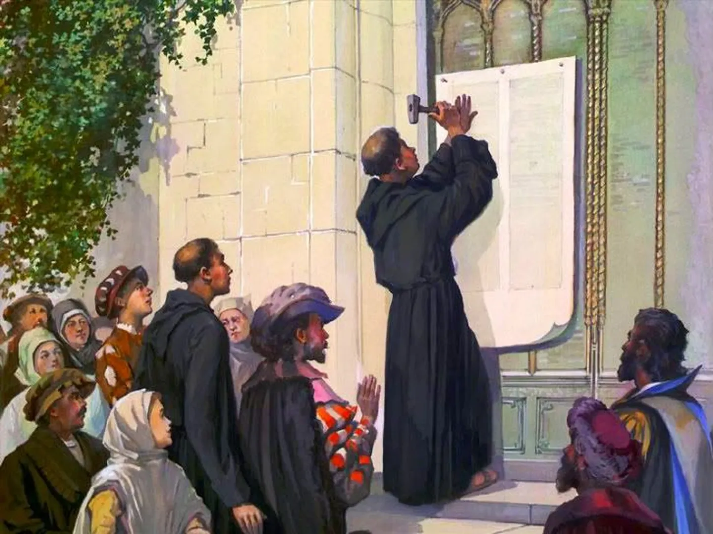 Martin Luther naelutamas oma 95 teesi Wittenbergi lossi kiriku uksele.