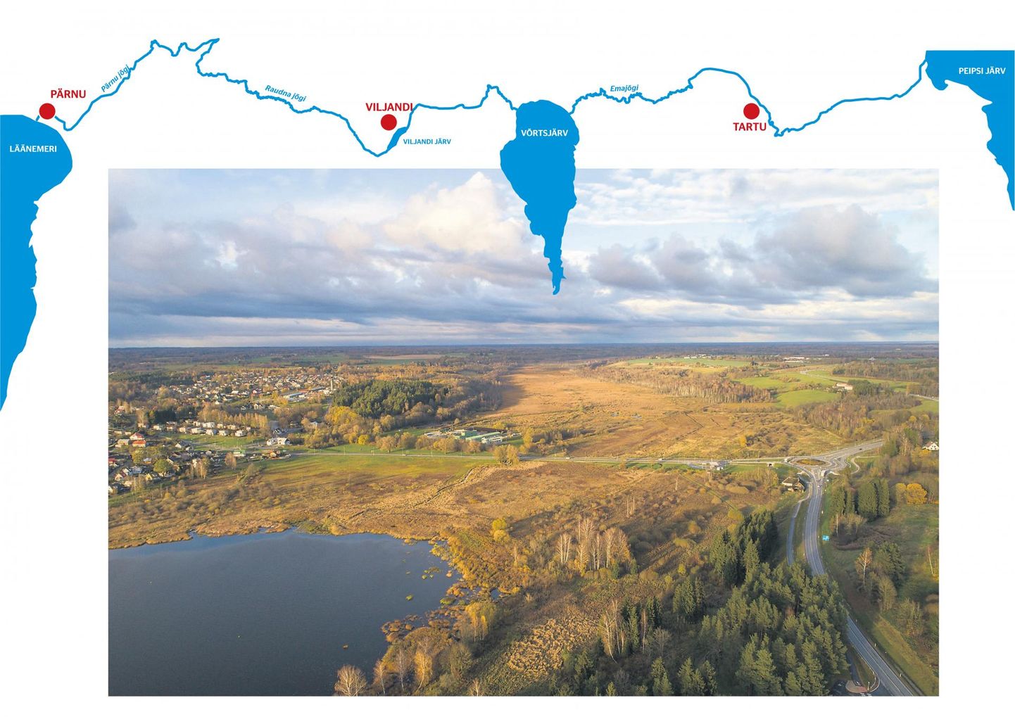 Vasakule jääb Viljandi linn, paremale Tartu–Viljandi maantee, nende vahele Mädajärve soo. Mööda viimast oleks võimalik luua veetee Viljandi järvest Tänassilma jõkke ja sealt edasi Võrtsjärve, kuid teadlased kahtlevad selle otstarbekuses.