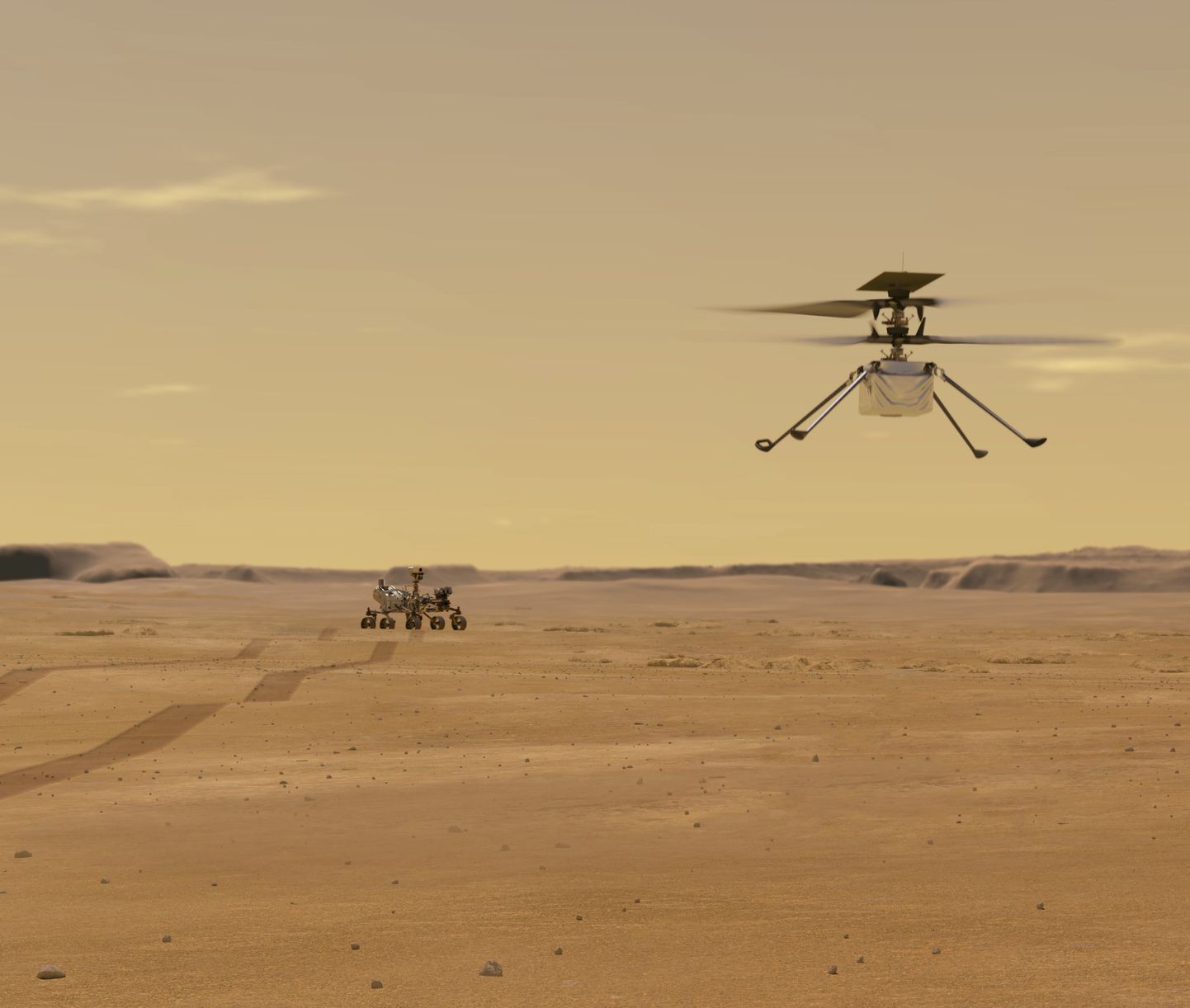NASA kunstniku arvutijoonistus helikopter Ingenuityst ja kulgur Perseverance'ist Marsil