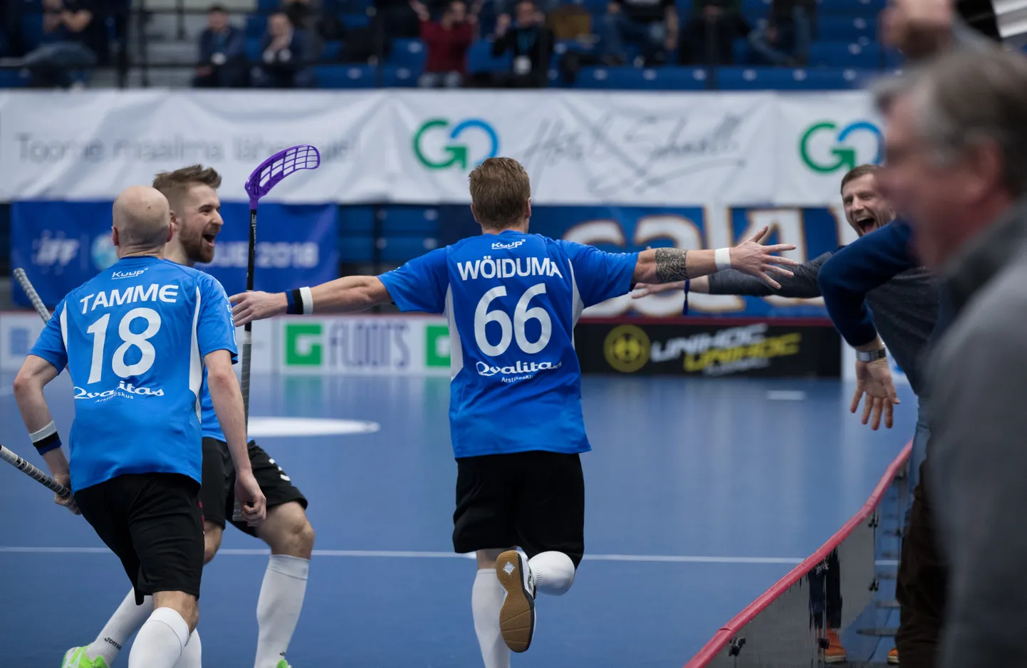 Eesti võidumängus Poola üle viskas kaks väravat Andreas Wöiduma.

Saalihoki, Eesti vs Poola. 

lt/: Foto: LIIS TREIMANN