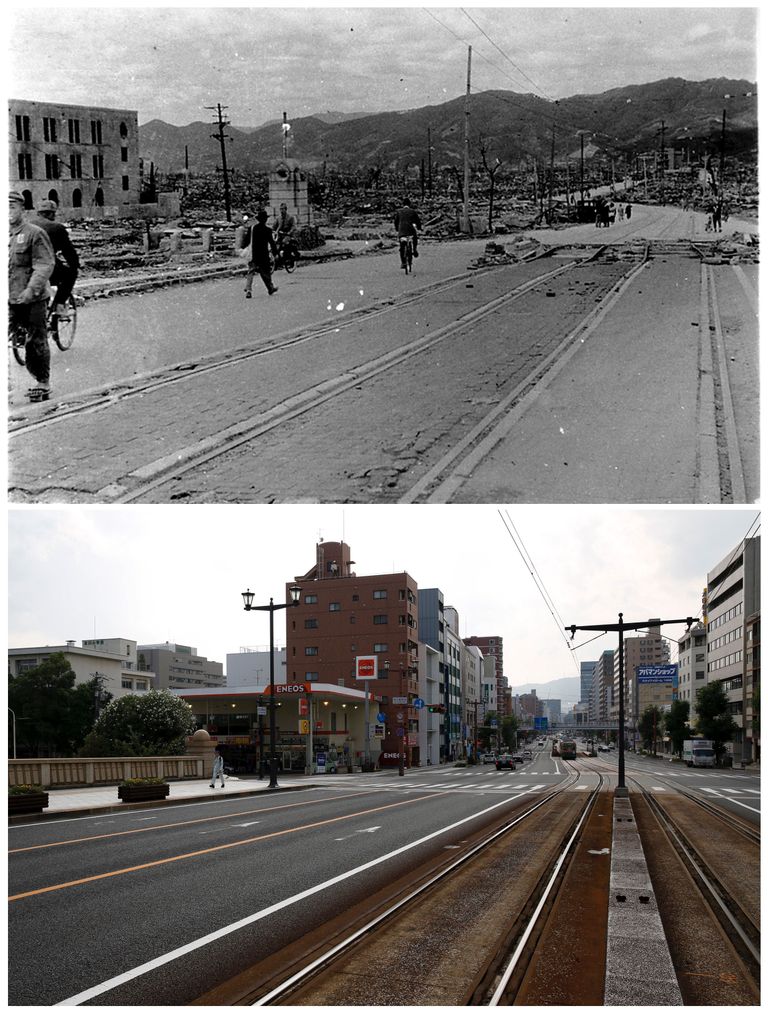 Vaade Hiroshimale pärast tuumapommiplahvatust ja tänapäeval. Fotod: Scanpix