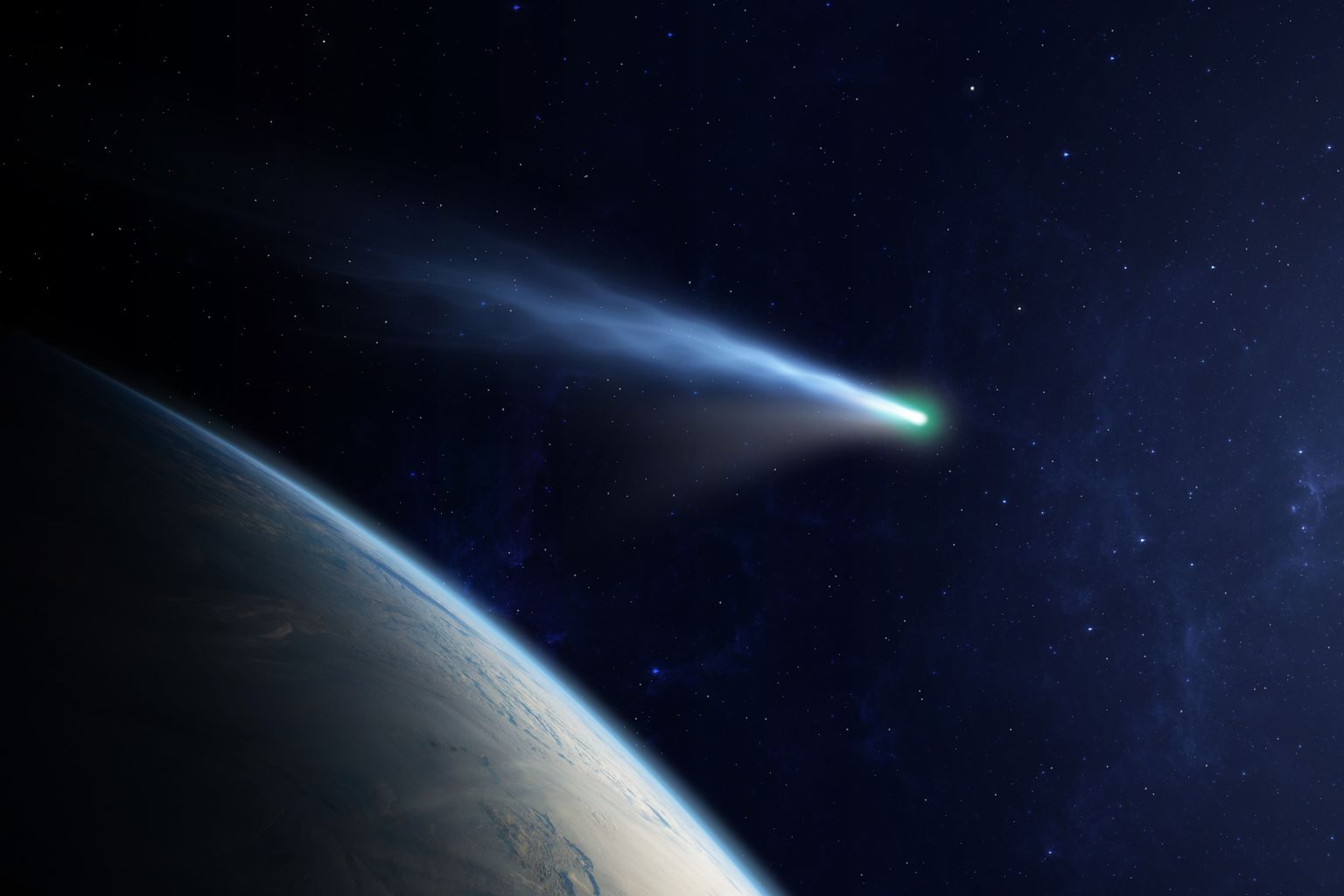 Komeet liikumas Maa lähedal. Pilt on illustreeriv