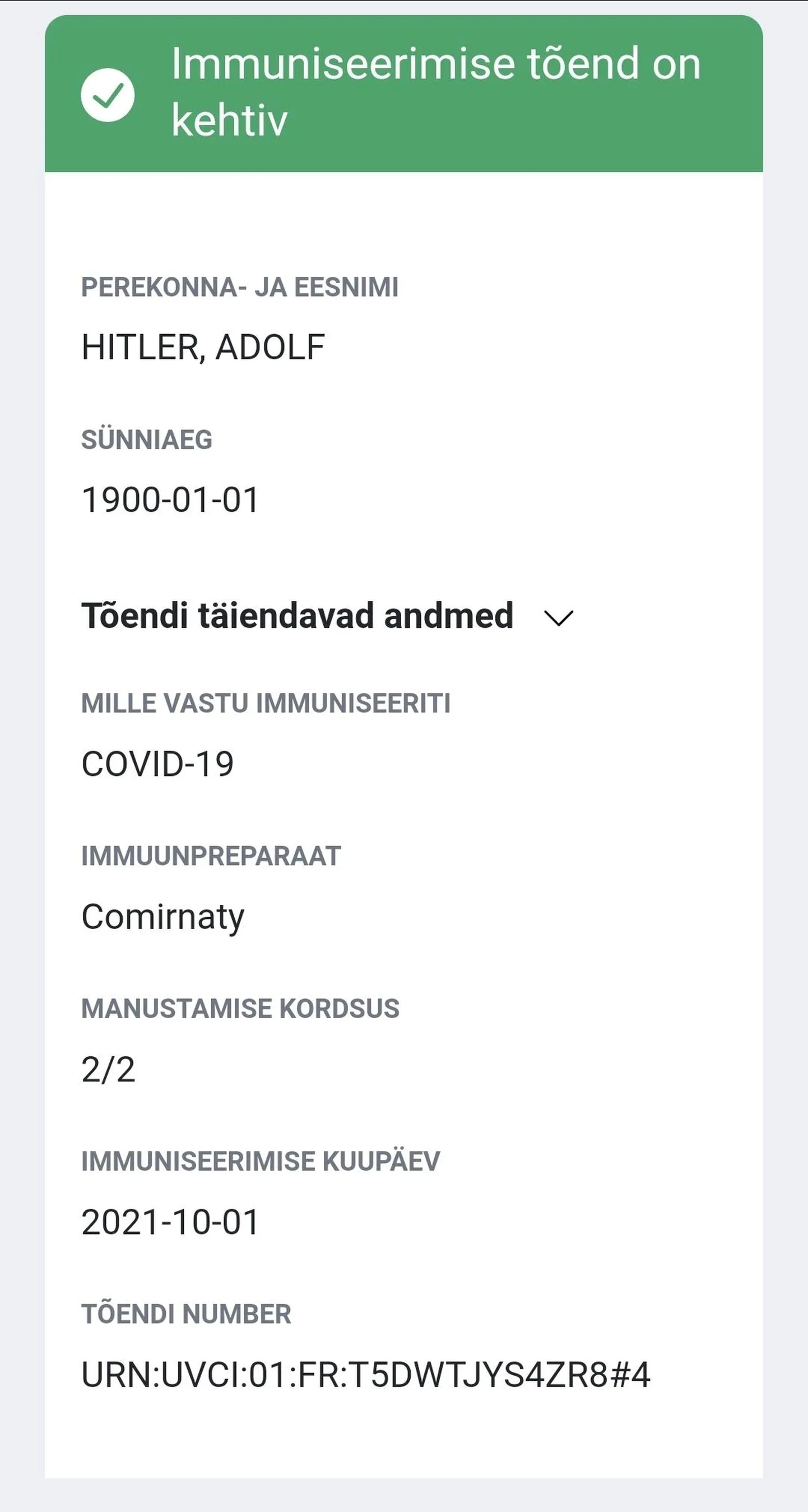 Ruutkoodi lugev rakendus näitab, et tõend kehtib. Seega tuleks kontrollida, kas isik on see, kelle nimi on tõendis kirjas.