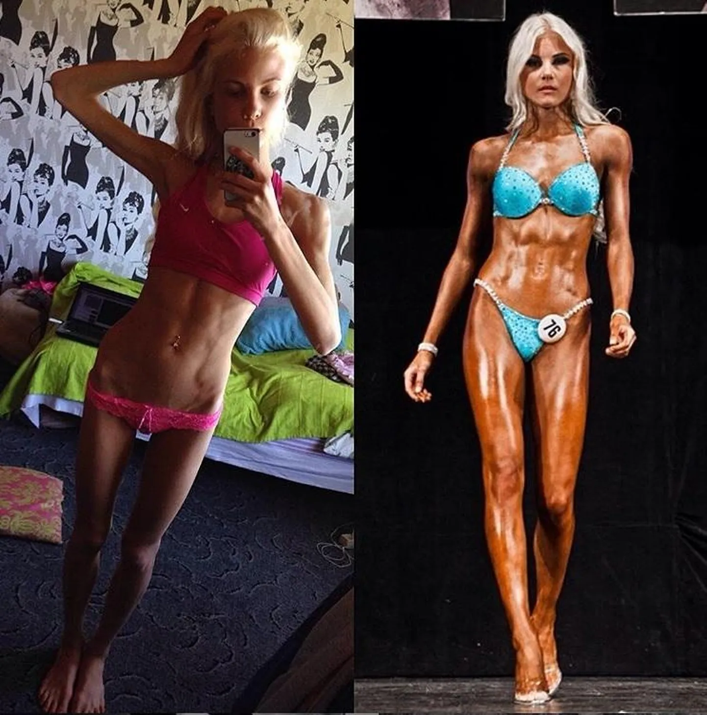 Brenda Brigitta Vetik vasakul 2015. aastal, paremal bikiinifitnessi võistlustel 2016. aastal.