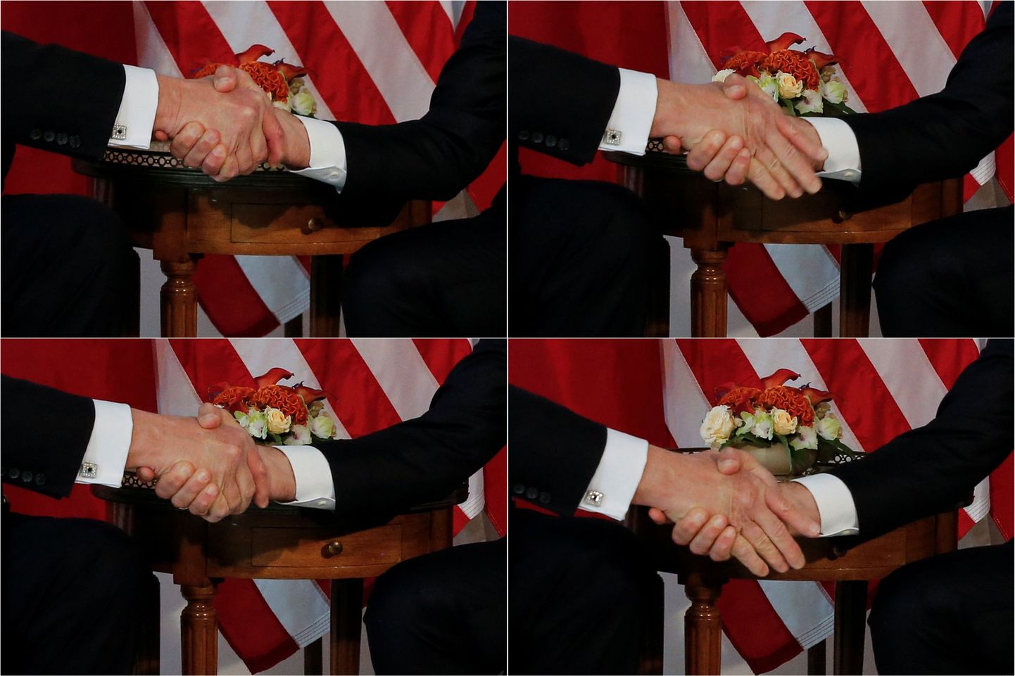 USA presidendi Donald Trumpi (vasakul) ja Prantsuse presidendi Emmanuel Macroni käepigistus.