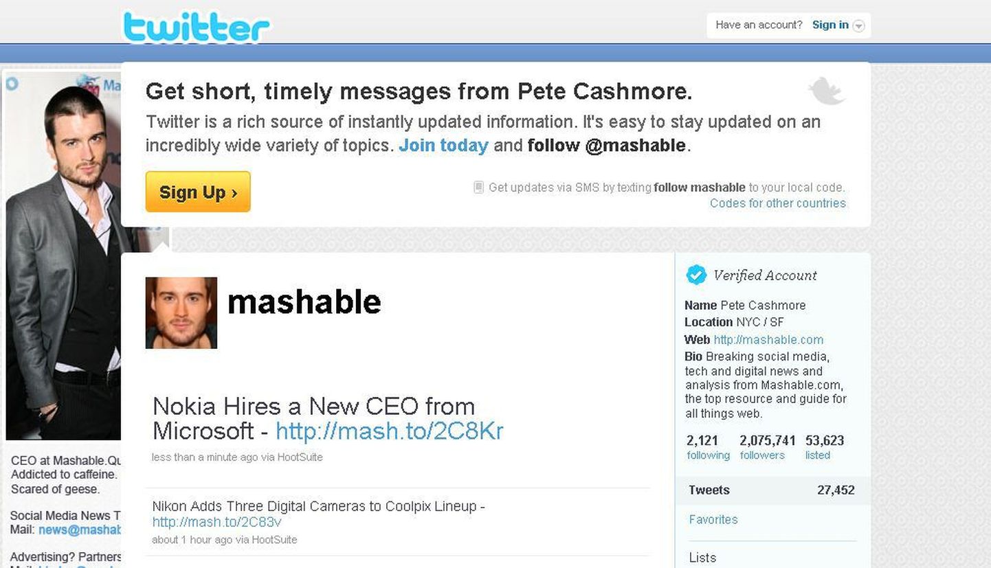 Pete Cashmore'il on Twitteri kõige mõjuvõimsam konto.