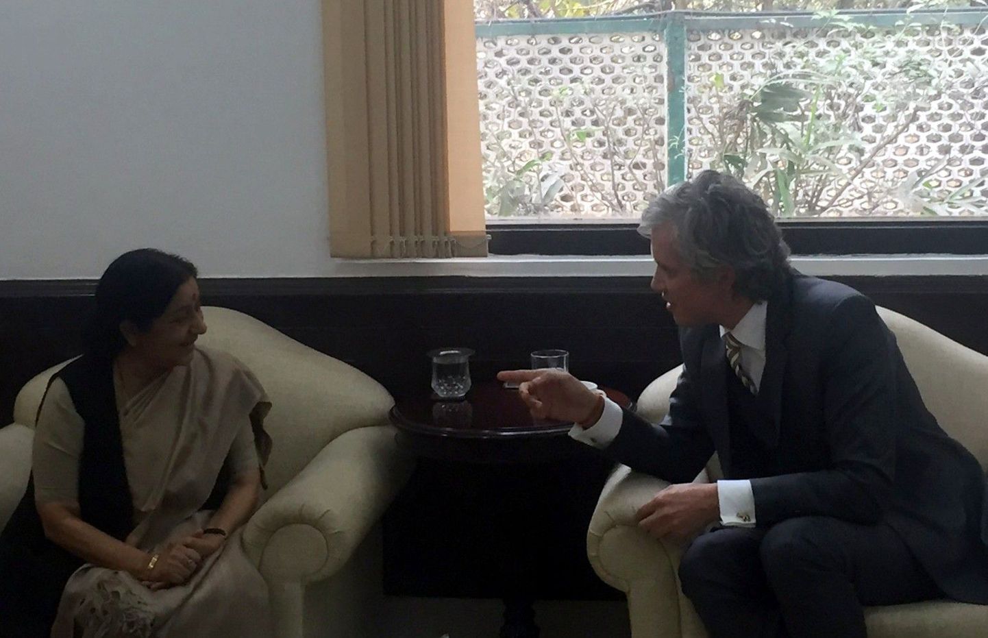 India välisminister Sushma Swaraji lubas Eesti suursaadikule Indias Viljar Lubile abi laevakaitsjate küsimusele lahenduse leidmisele.