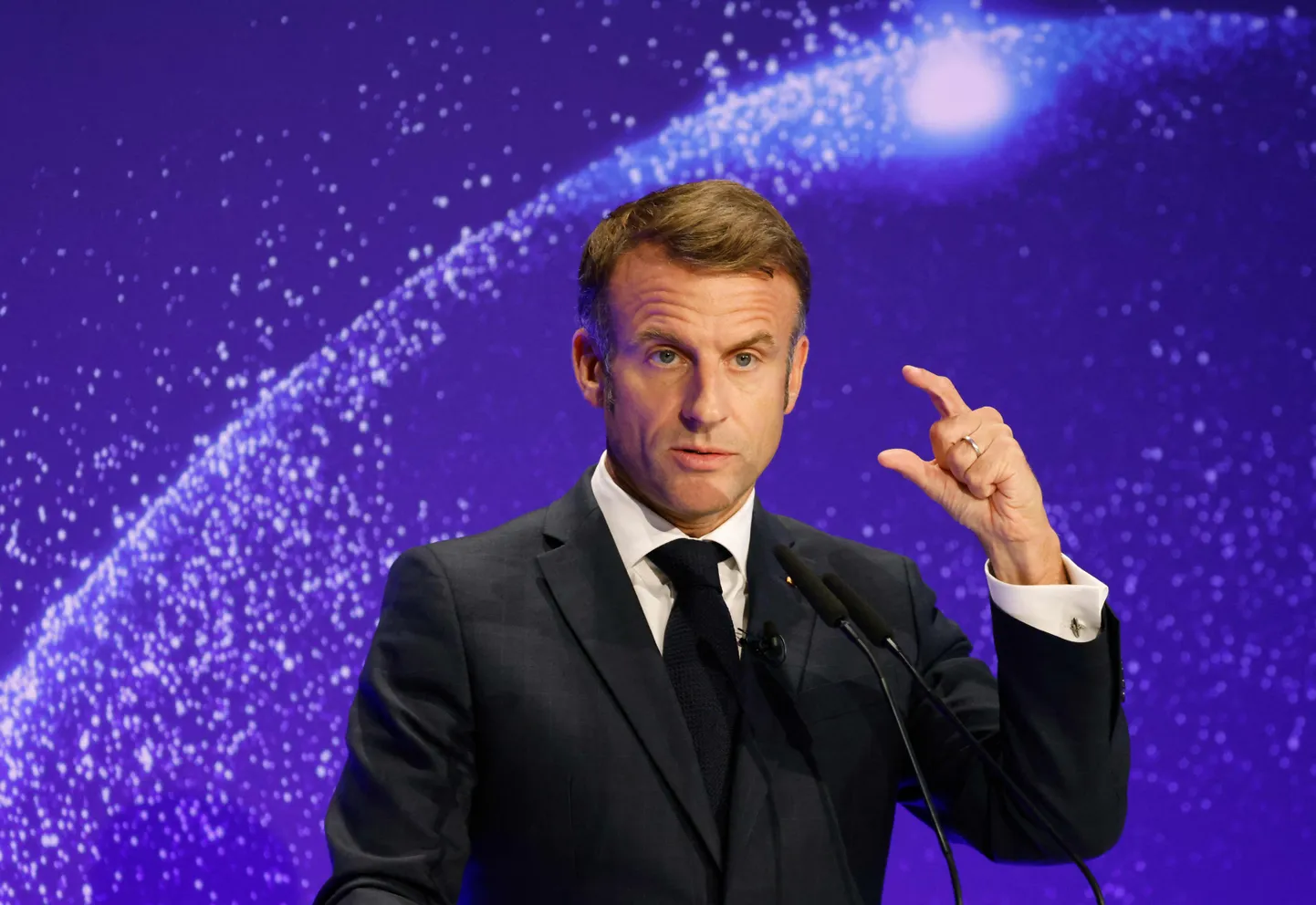 Prantsuse president Emmanuel Macron räägib Berliinis Euroopa Juhtimis- ja Tehnoloogiakoolis (ESMT) toimuval üritusel «Berliini Globaalne Dialoog 2024» 2. oktoobril 2024. aastal.