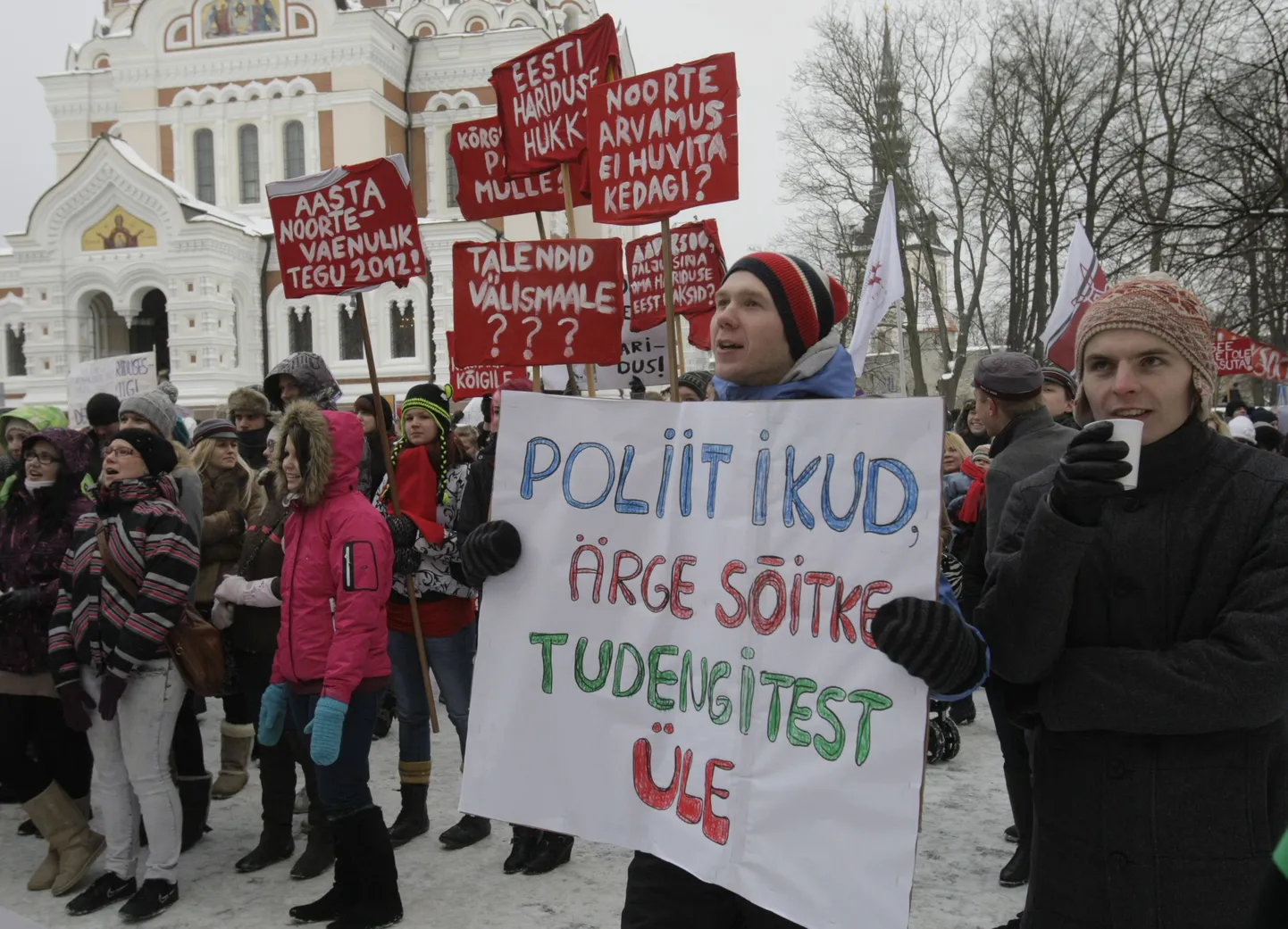 Tudengite kõrgharidusreformi-teemaline meeleavaldus Toompeal tänavu 25. jaanuaril.