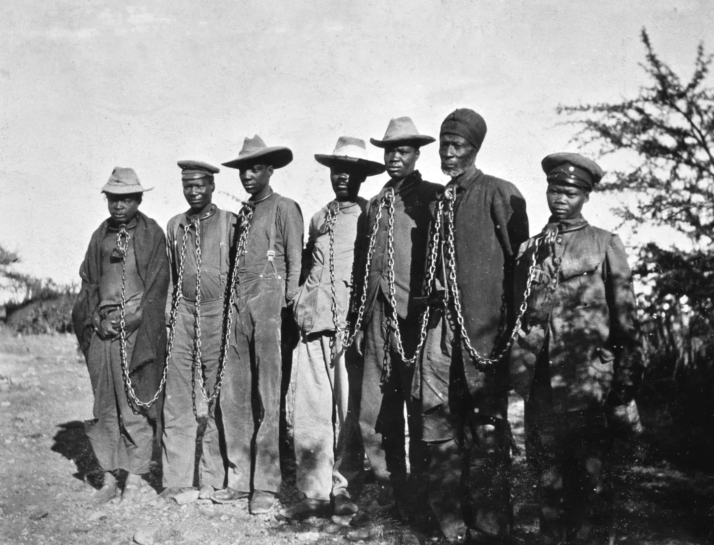 Seitse herero hõimu kuuluvat meest tänapäeva Namiibia aladel. Mehed pandi ketti seoses Saksa koloniaalvõimude vastu korraldatud ülestõusuga 20. sajandi alguses.