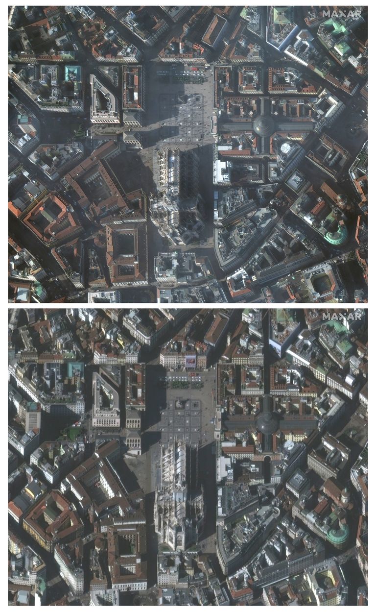 Itaalia Milano katedraal enne (üleval) ja pärast koroonaviiruse epideemia puhkemist.