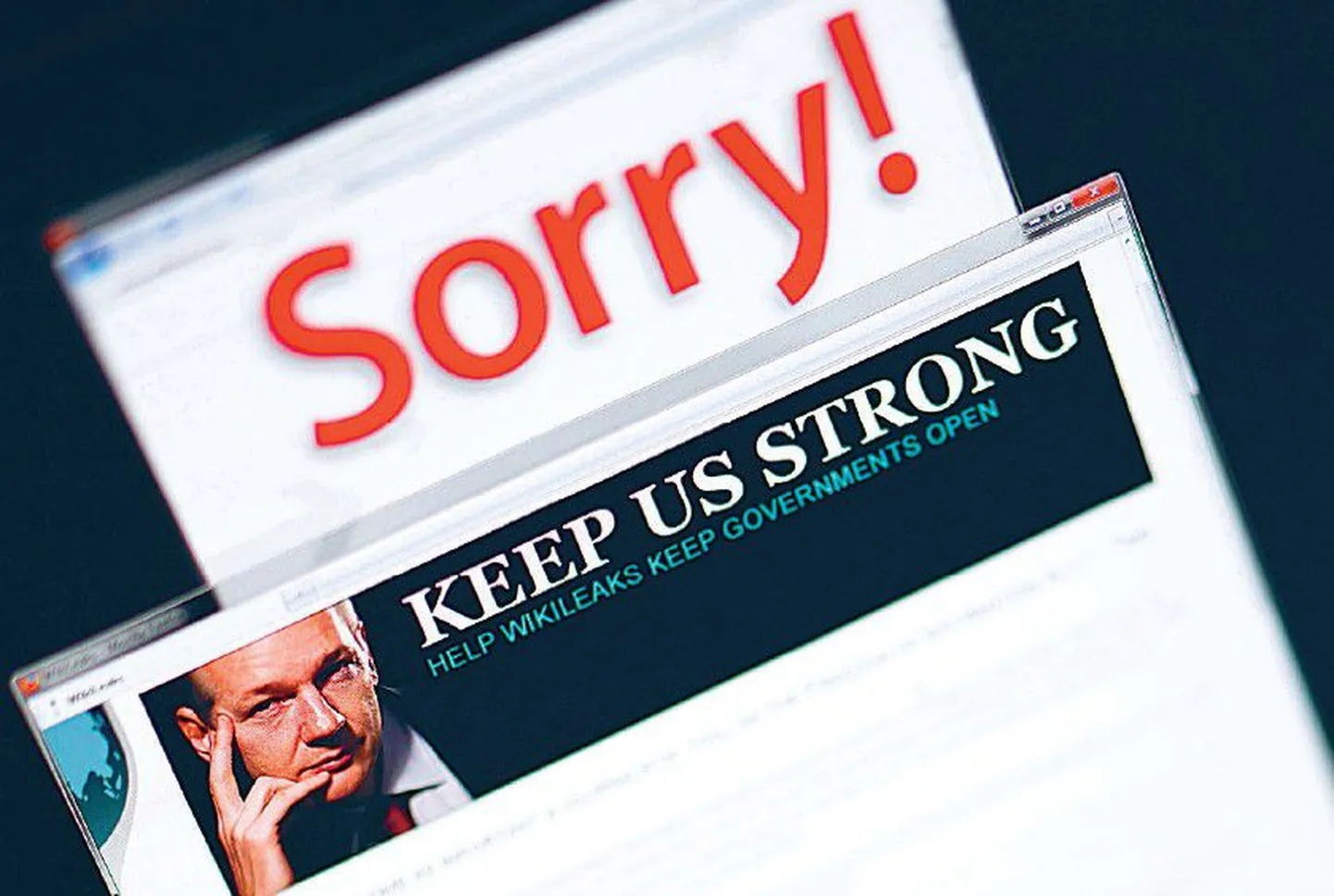 Wikileaks oli sunnitud ümber kolima aadressile wikileaks.ch (esiplaanil), kuna USA lehekülg võeti ootamatult maha ning  Wikileaksi asemel ilmus ekraanile «Vabandust!».
