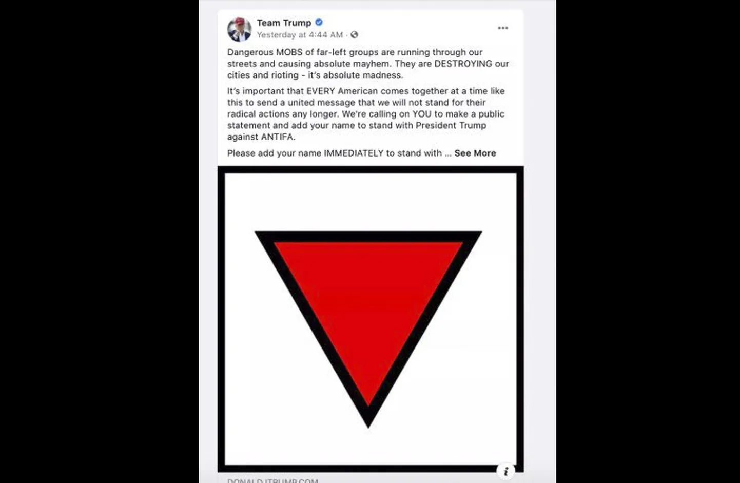 Ekrānšāviņš no Trampa pārvēlēšanas reklāmas, kuru "Facebook" bloķējis