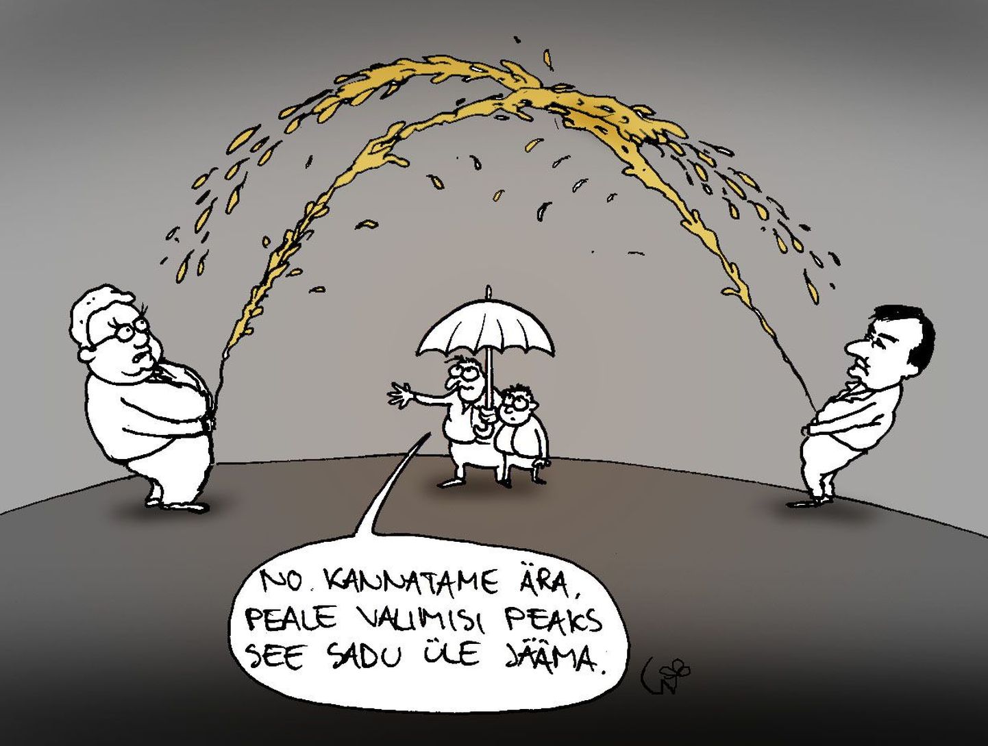 Карикатура из Postimees. Избиратели под зонтом говорят: "Потерпим, после выборов этот дождь прекратится".