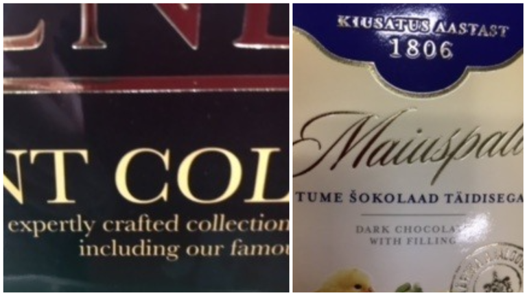 Expertly crafted («meistritöö») ja dark chocolate with filling («tume šokolaad täidisega»).
