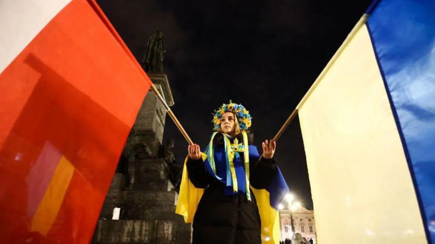 Девушка, держащая флаги Польши и Украины