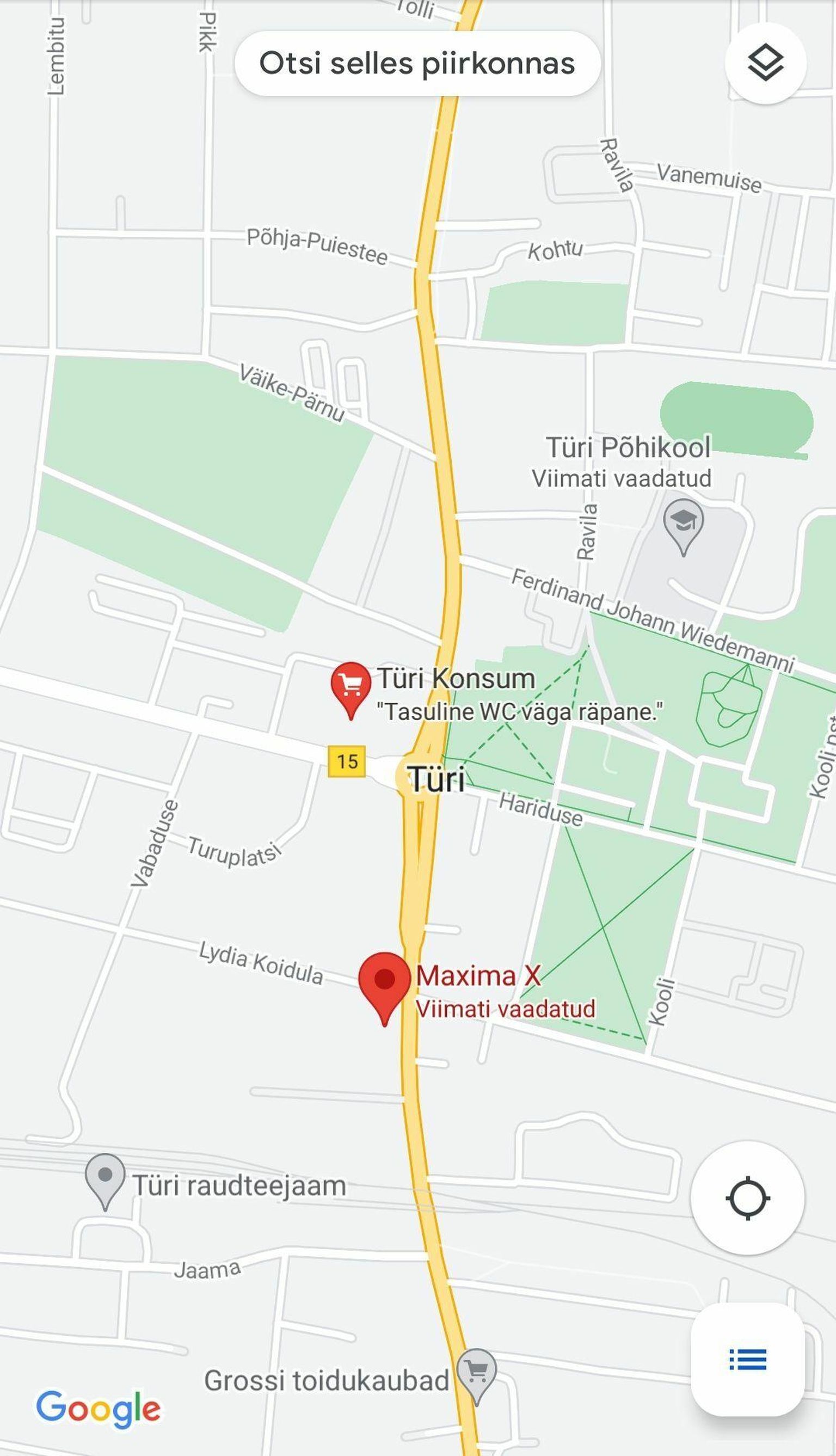 Google Mapsi kaardirakendus pakub Türil välja kaks võimalust, kus kohalikke olusid mitte tundev inimene saaks keha kergendada. Inimesed on neile tualettidele ka oma hinnangu andnud. Vt ­ teist fotot.