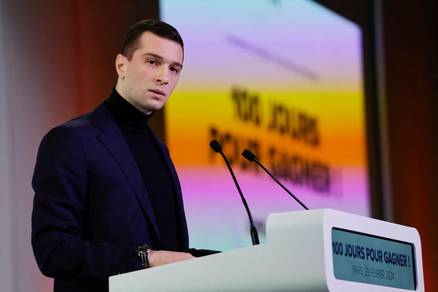 Francijas galēji labējās Nacionālās apvienības līderis Žordāns Bardella.