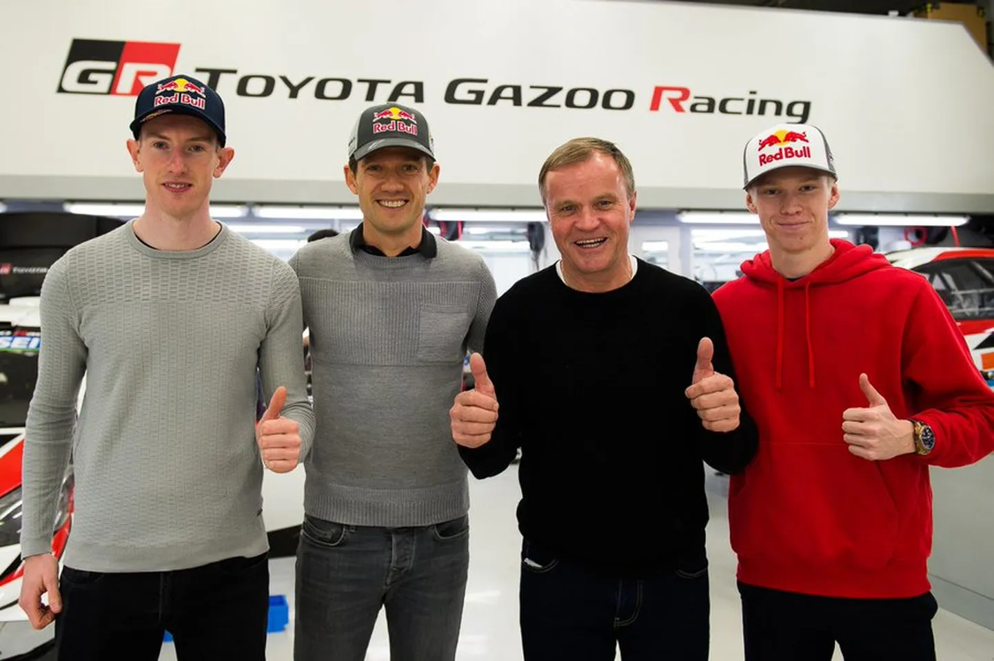 Elfyn Evans (vasakult), Sebastien Ogier, Tommi Mäkinen ja Kalle Rovanperä.