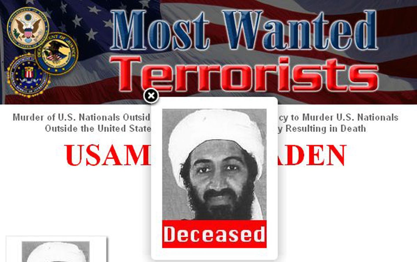 Osama bin Laden  FBI kõige tagaotsitavamate isikute leheküljel. Nüüd on ta juures märkus «deceased»