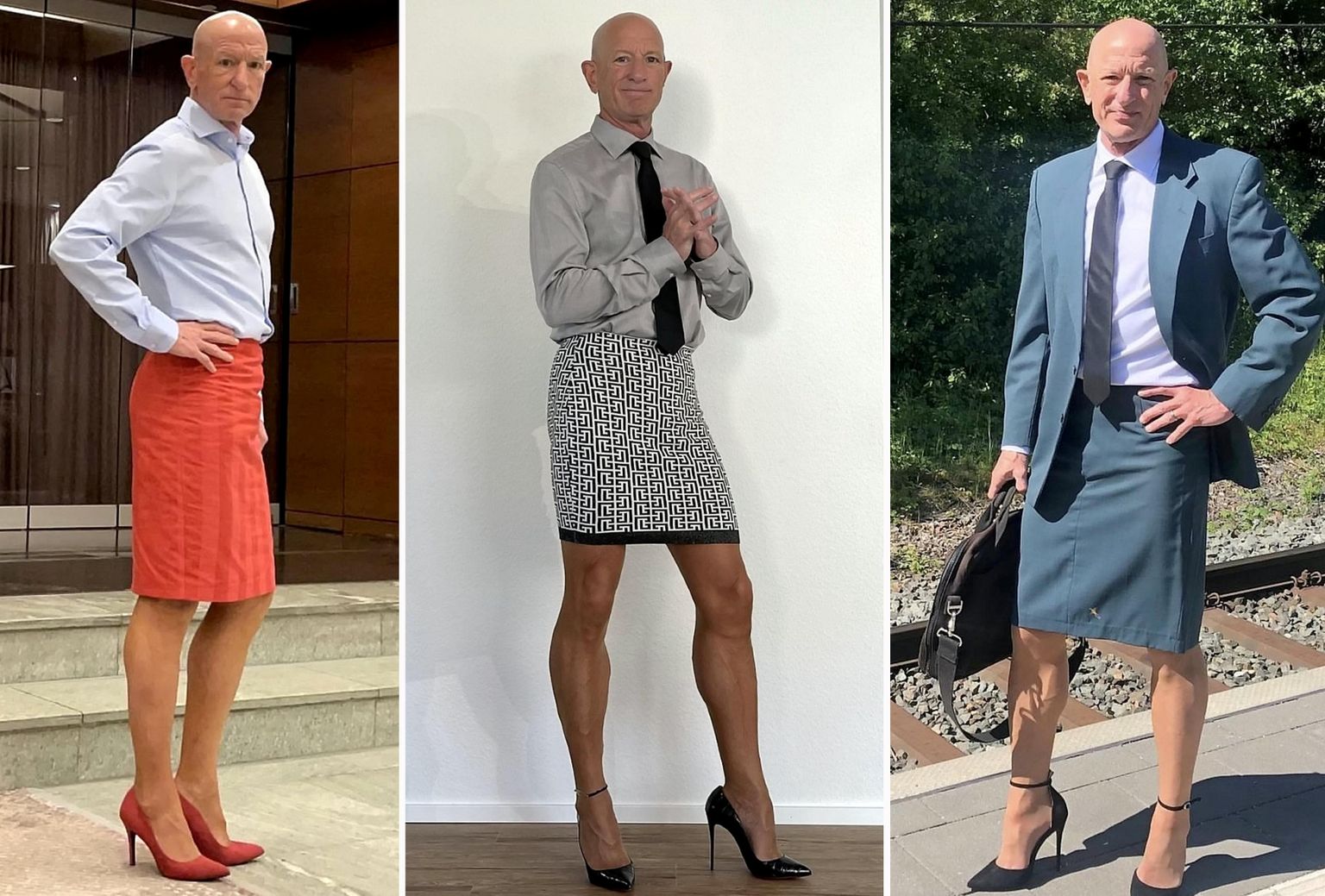 На фото три ярких образа 63-летнего Марка Брайана, который с гордостью носит платья, юбки и щеголяет на высоких каблуках, как профессионал.