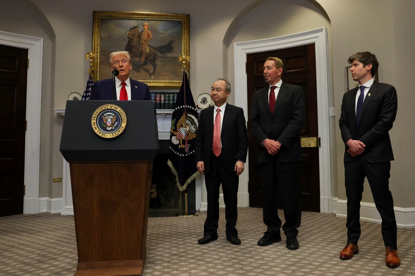 Donald Trump ja ärihaid Larry Ellison, Masayoshi Son ja Sam Altman.