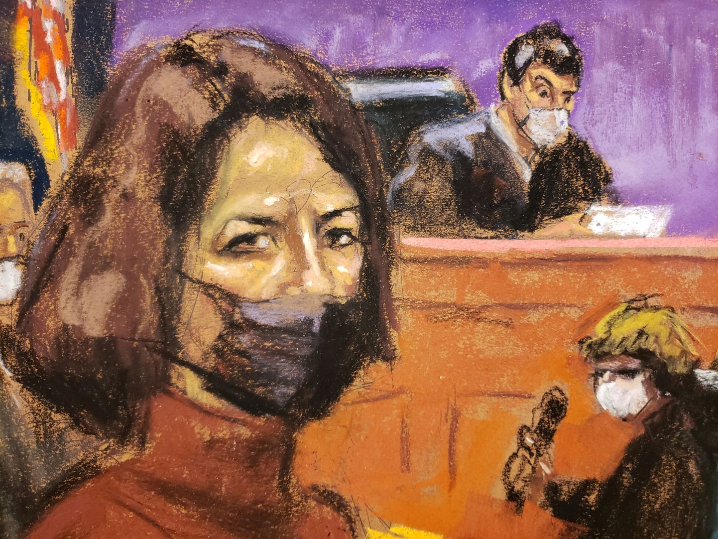 Kohtukunstnik Jane Rosenbergi joonistus Ghislaine Maxwellist New Yorgi kohtus, kus ta süüdi mõisteti