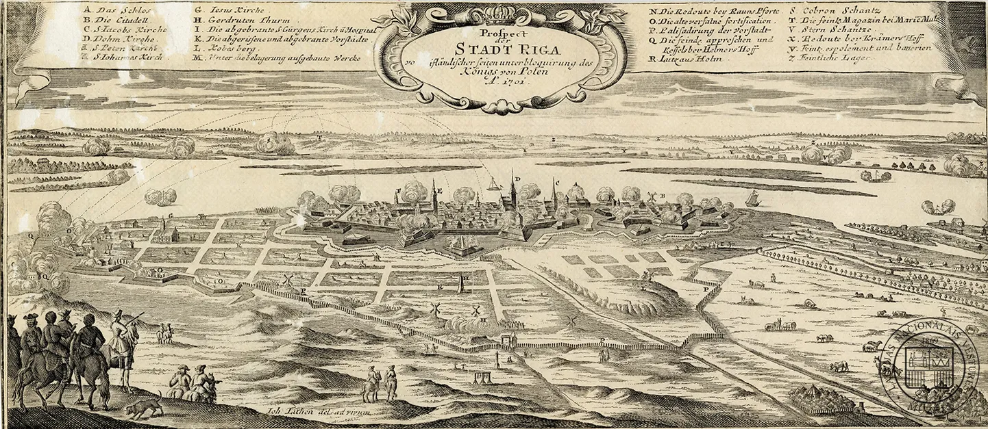 Skats uz Rīgu sakšu un poļu armijas aplenkuma laikā 1700. gadā. Nezināma autora gravīra pēc Johana Litena zīmējuma. 18. gs. sākums.