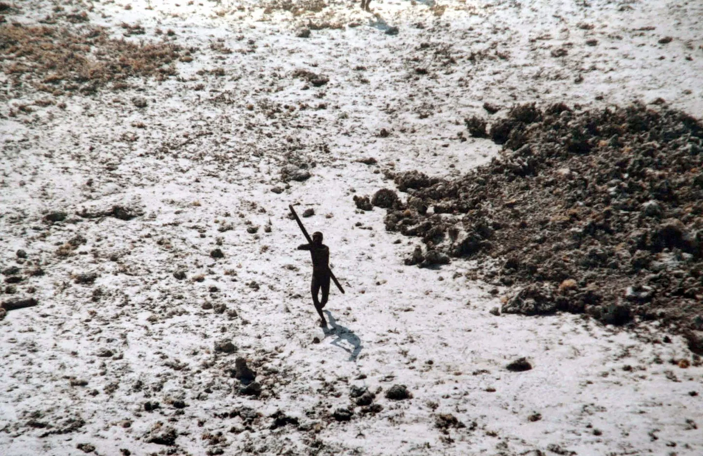 India rannavalve helikopterilt tehtud foto 28. detsembril 2004 Põhja-Sentineli põliselanikust, kes suunas helikopteri poole vibu. Põhja-Sentineli saare hõim on tänapäeva maailmast puutumata ja India võimud kaitsevad neid, keelates saarele minemise.