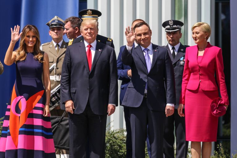 USA esileedi Melania Trump, USA president Donald Trump, Poola president Andrzej Duda ja Poola esileedi Agata Kornhauser-Duda