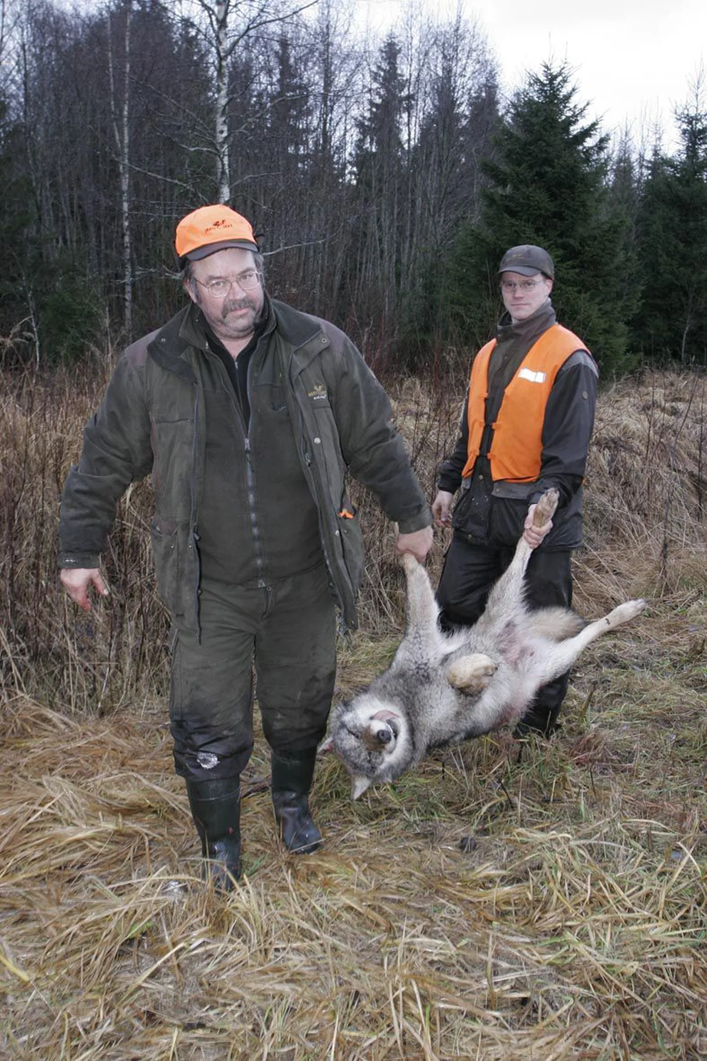 Detsembri alguses hundi lasknud Enno Krümann (vasakul) pole varem võsavillemit tabanud, küll aga õnnestus isal hunti tassida aidanud pojal Erki Krümannil ka möödunud aastal seapuki otsast varitsedes üks hunt kätte saada.