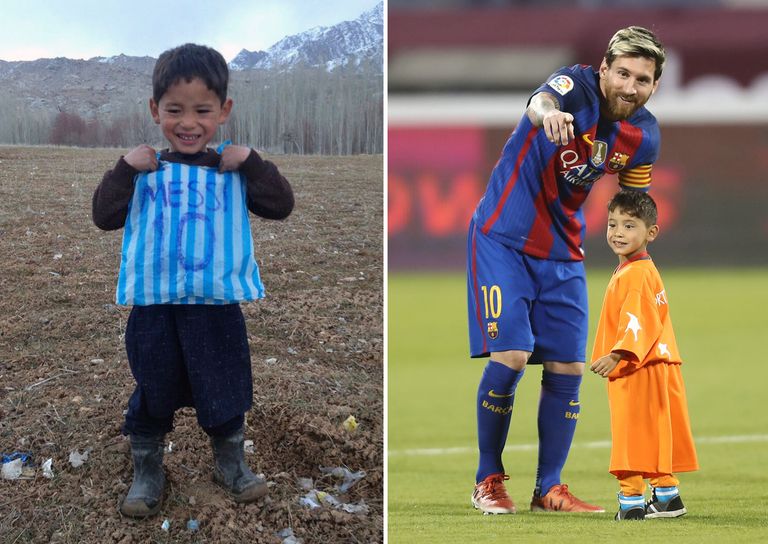 Viieaastane Murtaza Ahmadi (vasakul) ning sama poiss koos Lionel Messiga 13. detsembril 2016 Kataris Dohas