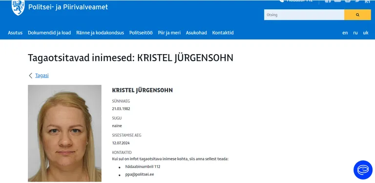 Tagaotsitav Kristel Jürgensohn.