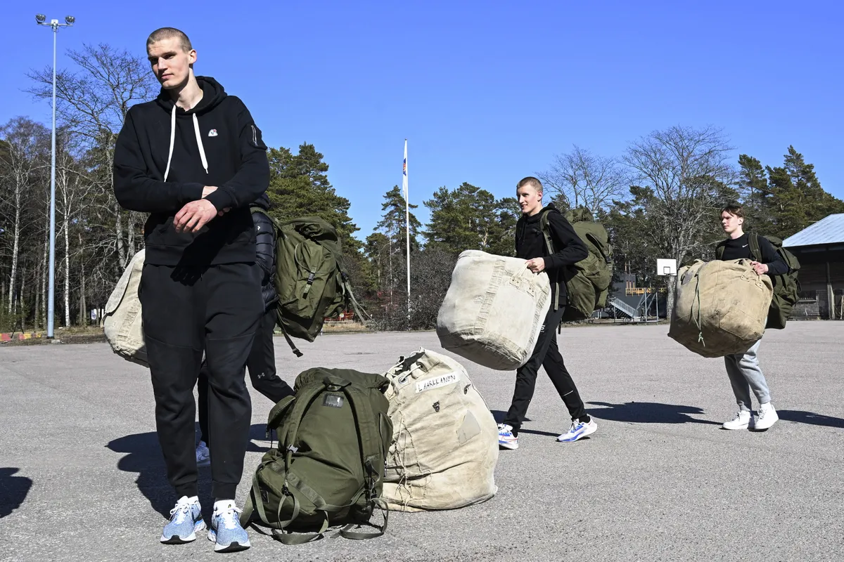 Lauri Markkanen of the NBA team 'Utah Jazz' picks up his basic equipment as he begins conscript service in the army in Helsinki, Finland, 17 April 2023.