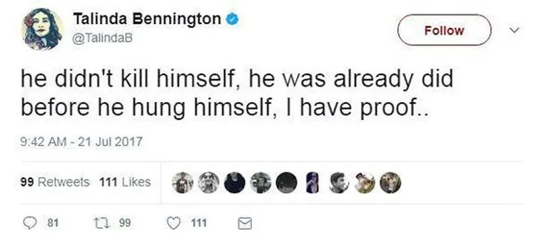 Säuts Benningtoni naise kontolt, mis hiljem eemaldati ilma igasuguse selgituseta./ Twitter