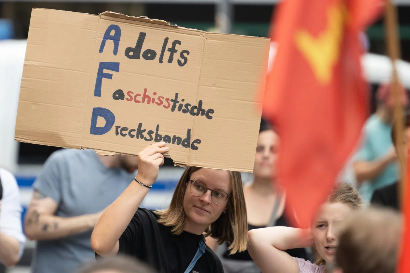 AfD valimisedu Ida-Saksamaal ei meeldi sugugi kõigile saksa noortele – teisipäevasel meeleavaldusel Frankfurdis kantud plakat seletab lühendi AfD lahti kui Adolfi fašistlik s*tabande.
 