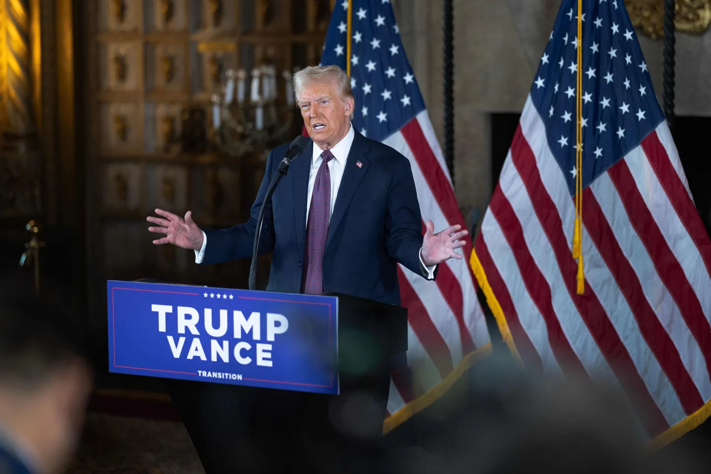 Donald Trump esinemas 7. jaanuaril 2025 pressikonverentsil Mar-A-Lagos.