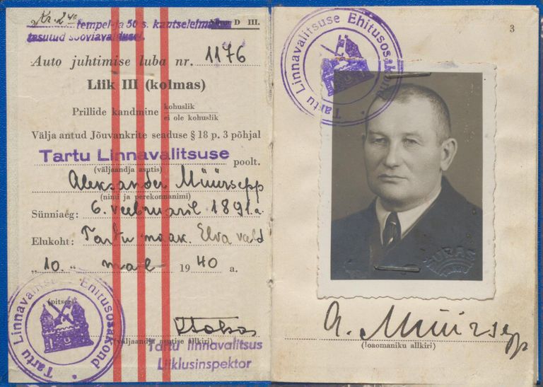 Водительское удостоверение, выданное Александру Мююрсеппу Тартуской городской управой 10 мая 1940 года.