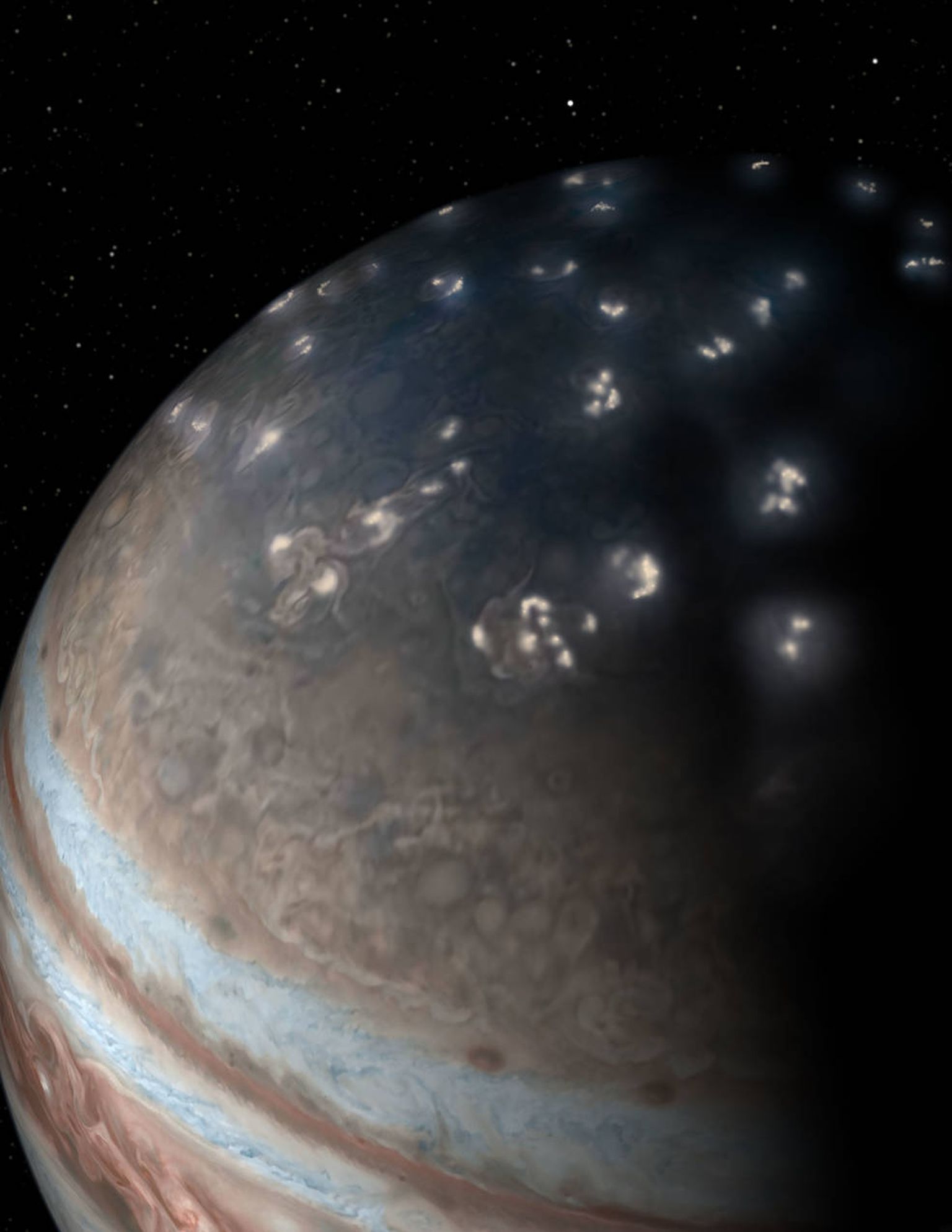 Kunstniku nägemus Jupiteri pooluse äikesest.