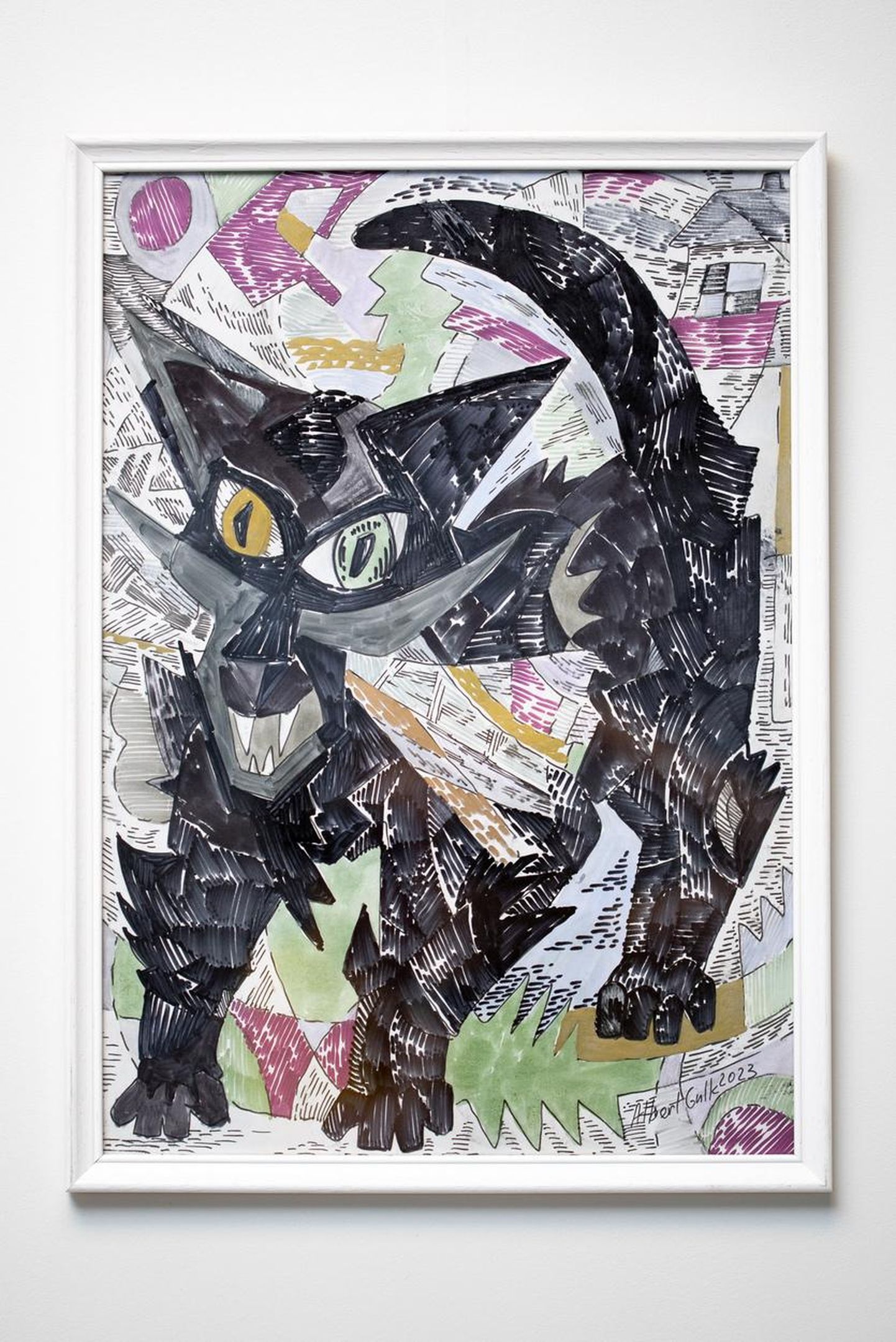 Albert Gulki viltpliiatsi-markerijoonistuse "Must kass sügishallis" alghind oksjonil on 200 eurot.
 