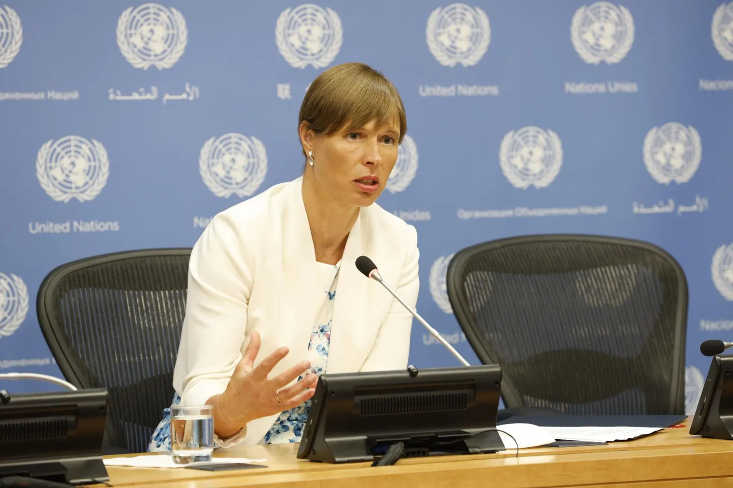 Kersti Kaljulaid 29. juunil Ühinenud Rahvaste Organisatsiooni pressikonverentsil New Yorgis.  FOTO: Xie E / Xinhua via Zuma Press / Scanpix