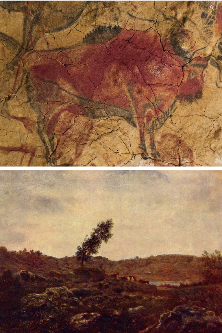 Изображение бизона в пещере Альтамира в Испании (XVIII-XV тыс. до н. э.) и картина Теодора Руссо «Вид на Барбизон» (около 1850). 